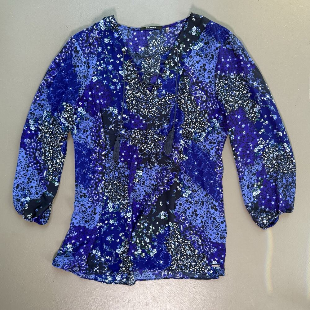 Tahari Floral Lace-Up Blouse MEDIUM Boho Festival Peasant Blue Purple